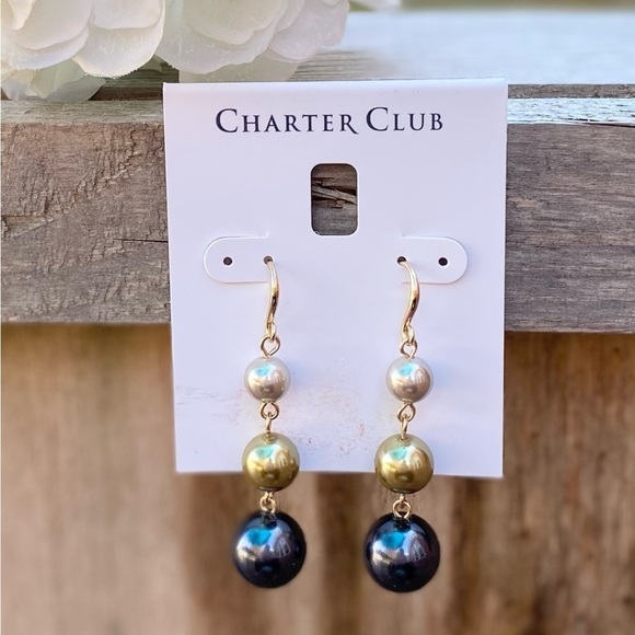 NWT CHARTER CLUB GOLD TONE NAVY, SAGE & GRAY BEAD POST DROP EARRINGS - Picture 3 of 5